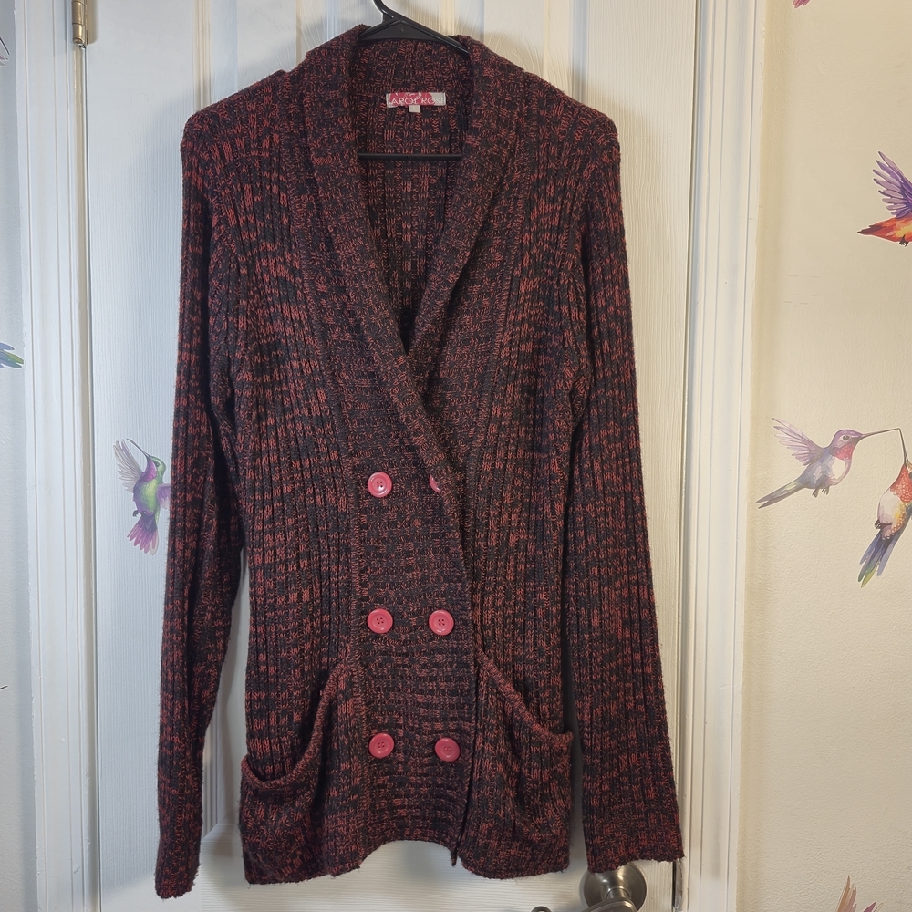 Carol Rose Red Black Double Breasted Shawl Collar Knit Cardigan Sweater L